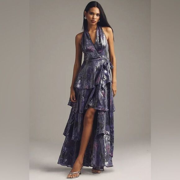 Anthropologie Purple Tiered Ruffled Halter Sundress/ size M - Picture 1 of 10